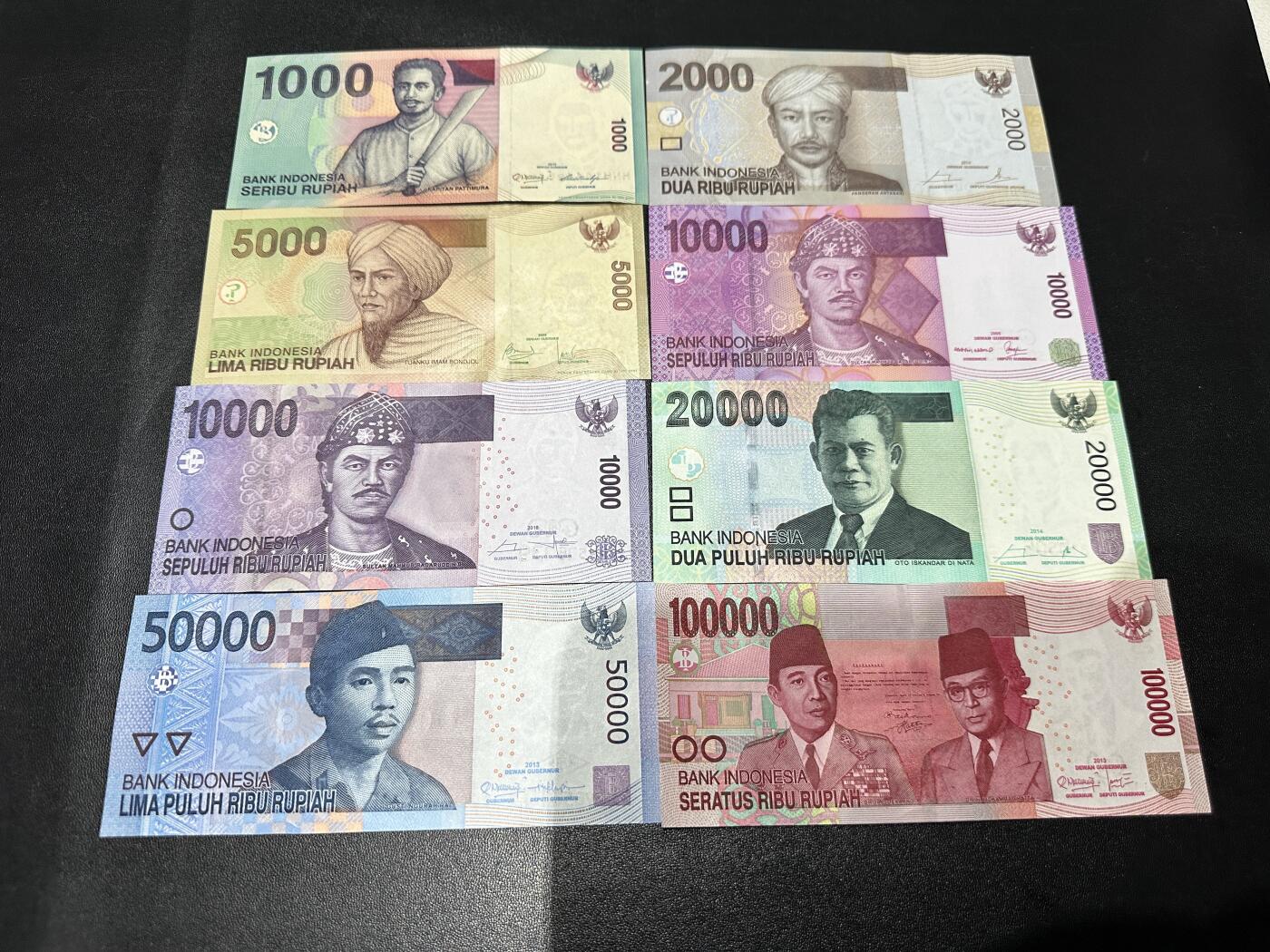 《外钞收藏家》第六百零一期（畅拍场）（本平台长期征集拍品、欢迎藏友们联系合作） 印度尼西亚上一版本8张一套（1千-10万卢比，其中1万两个版本，含05年首发年份）	UNC 1000面额 角轻微软折