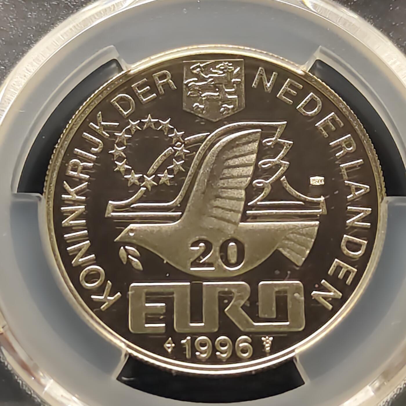 【全场包邮】纯粹捡漏拍493场 【收藏级·冠军分】荷兰1996年20欧诗人惠更斯诞生400周年精制纪念银币-PCGS PL68