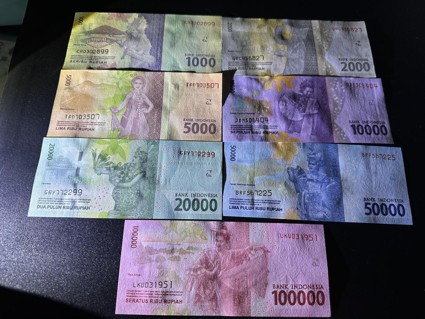 《外钞收藏家》第六百零一期（畅拍场）（本平台长期征集拍品、欢迎藏友们联系合作） 印度尼西亚2016年清版7张一套（1千-10万卢比，除了1万其余全程无4）	UNC