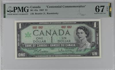 🎉🎉🎉《外钞收藏家》第六百期（年度庆典场）（本平台长期征集拍品、欢迎藏友们联系合作）❤️❤️❤️ - 1967年加拿大1加元 PMG67 纪念钞