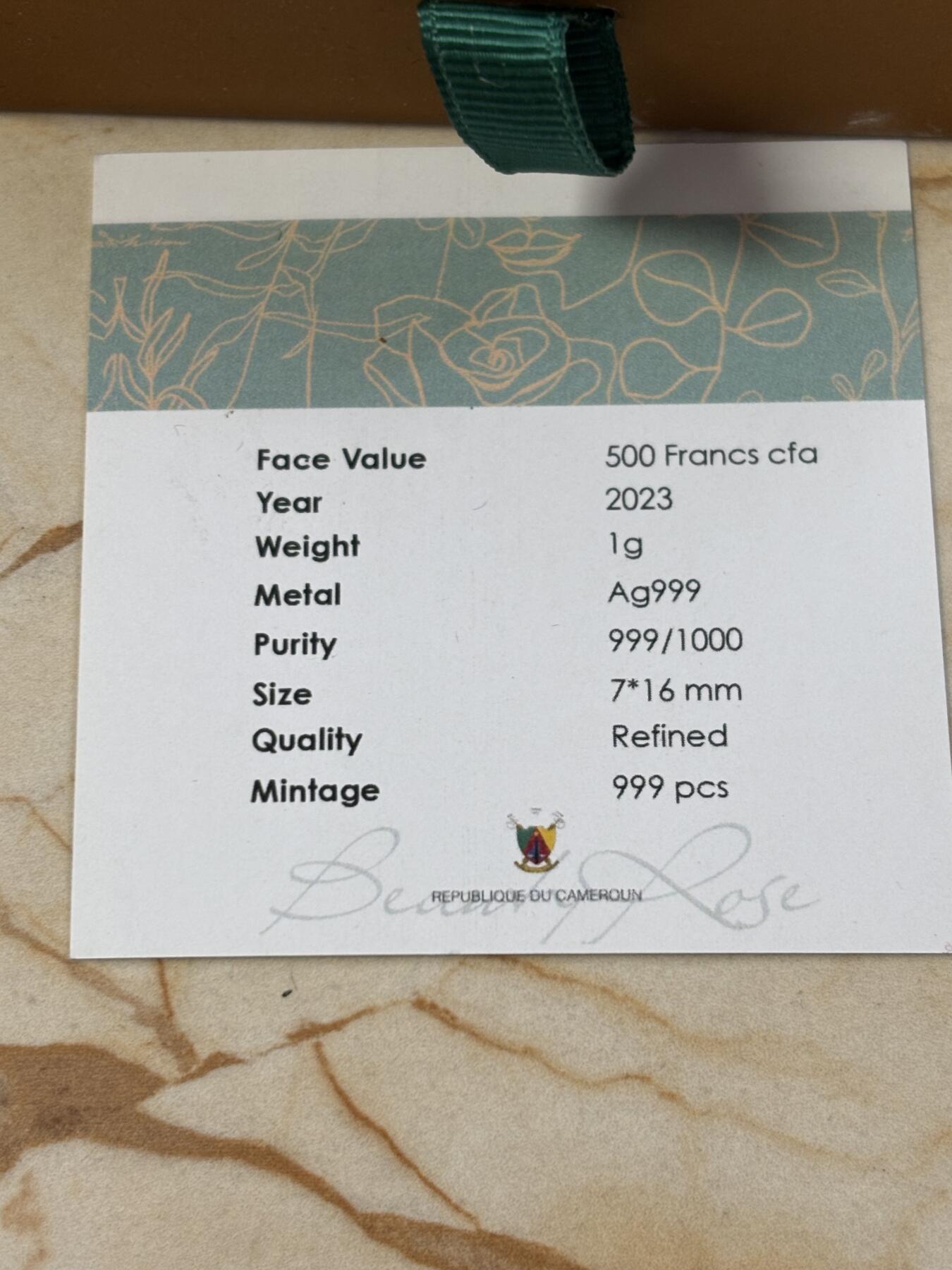 第187期拍卖 喀麦隆2023年笔尖爱情1克异形凹凸双面镀金银币，999银镀金，发行999枚，有氧化