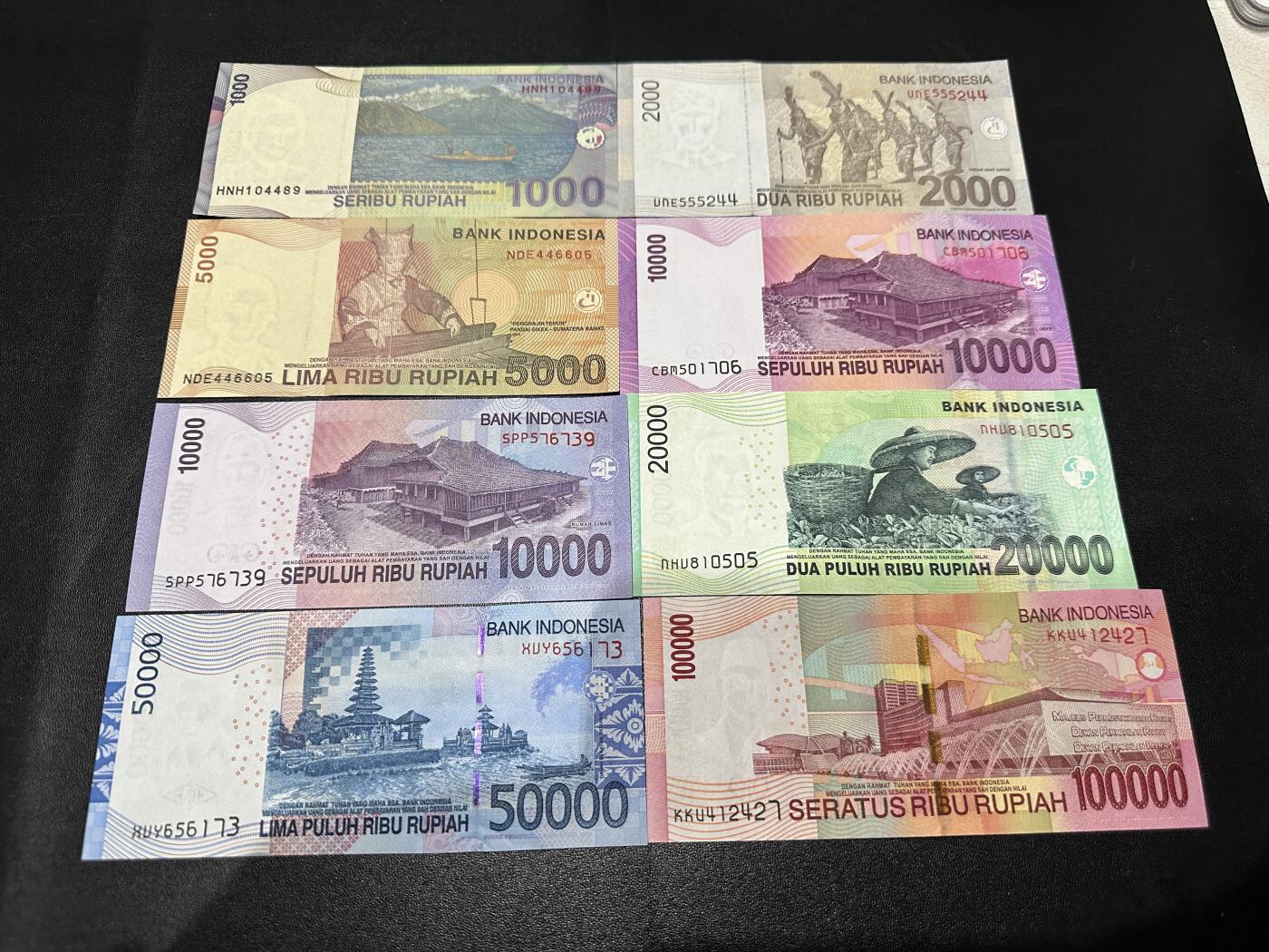 《外钞收藏家》第六百零一期（畅拍场）（本平台长期征集拍品、欢迎藏友们联系合作） 印度尼西亚上一版本8张一套（1千-10万卢比，其中1万两个版本，含05年首发年份）	UNC 1000面额 角轻微软折
