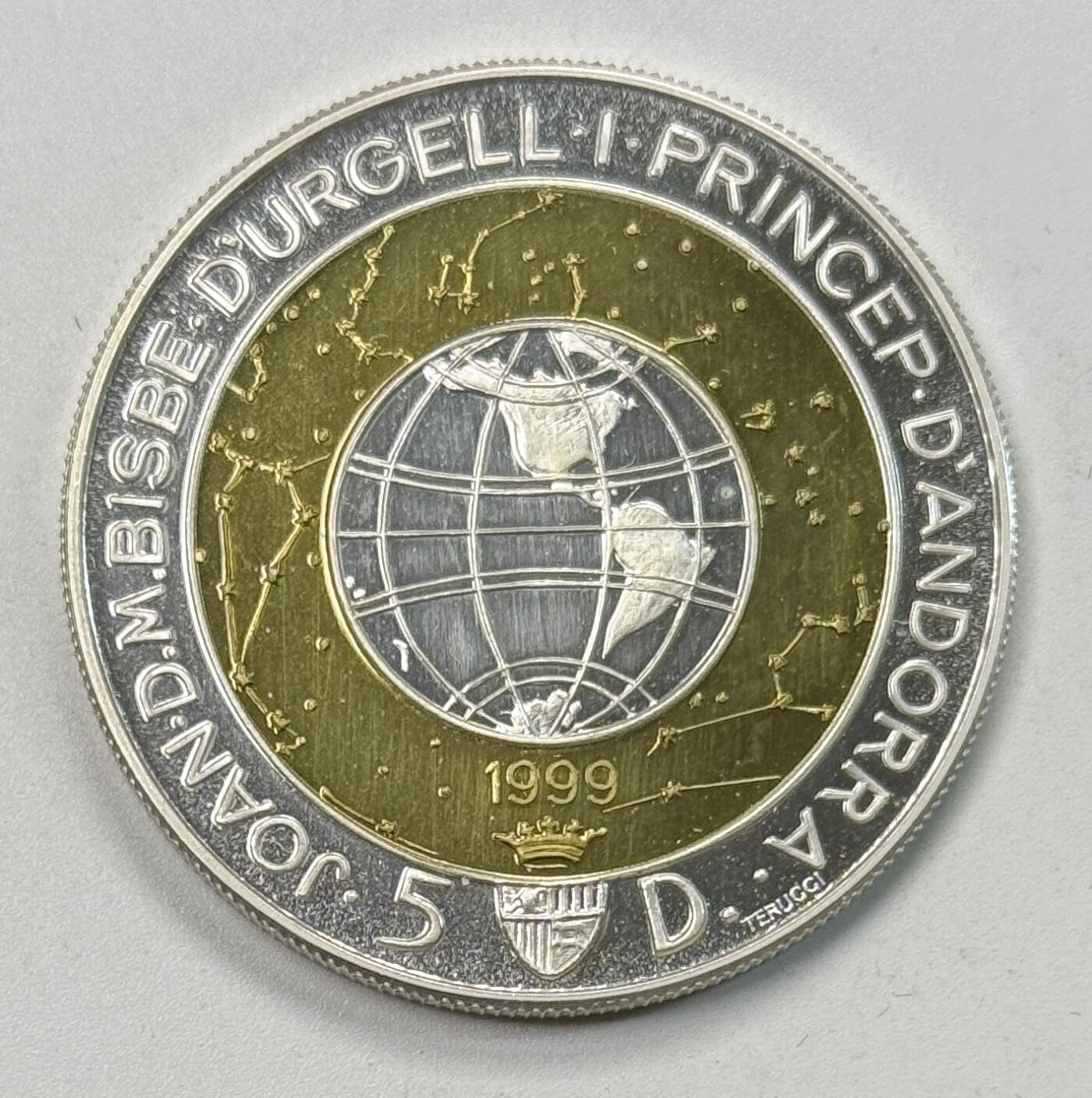 S&S Numismatic世界钱币-拍卖 第118期  安道尔1999年 千禧年 5第纳尔 950银+铜双色精制纪念币 品相如图 27克38.3毫米