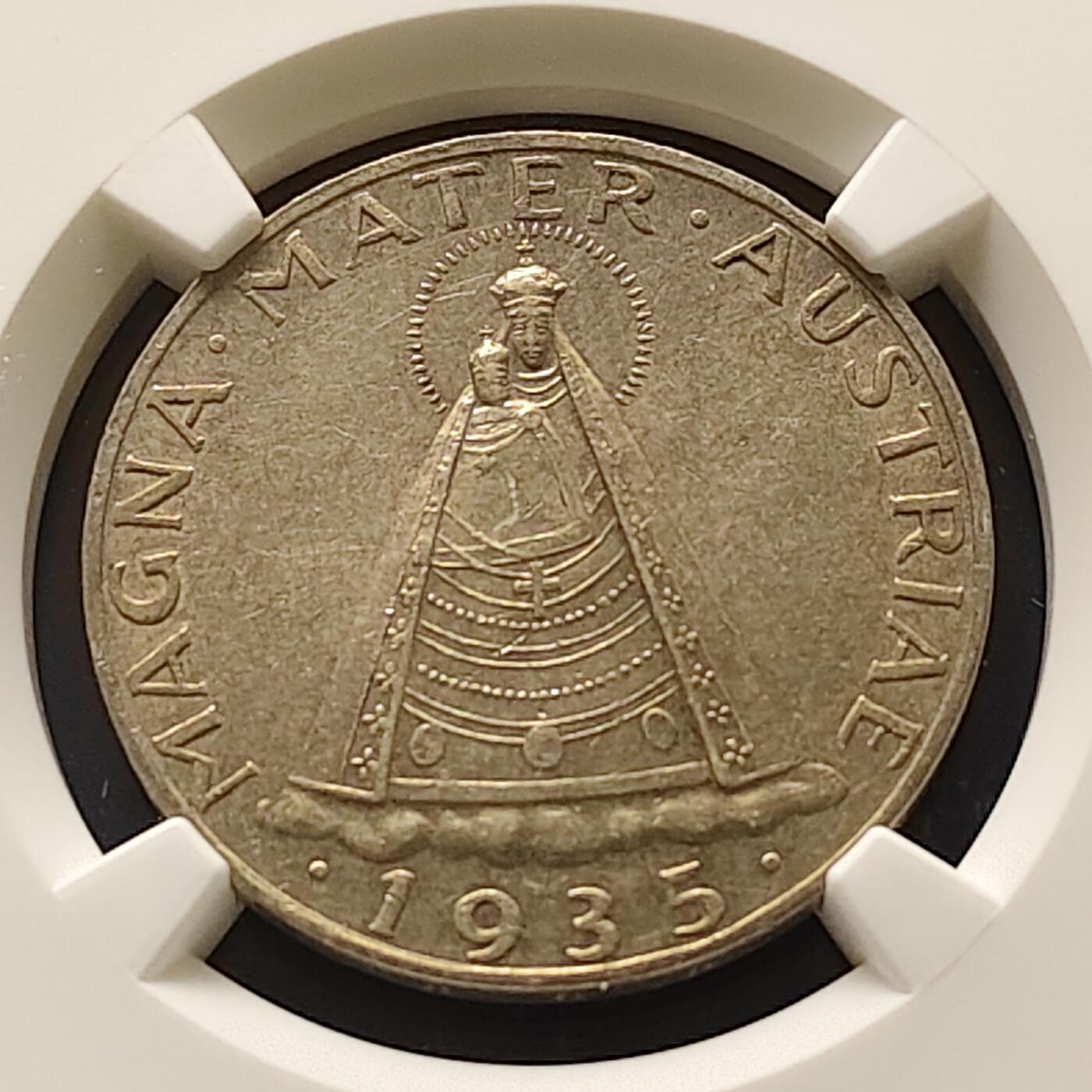 【全场包邮】纯粹捡漏拍493场 奥地利1935年5先令玛丽亚采尔的圣母像银币-NGC UNC DETAILS