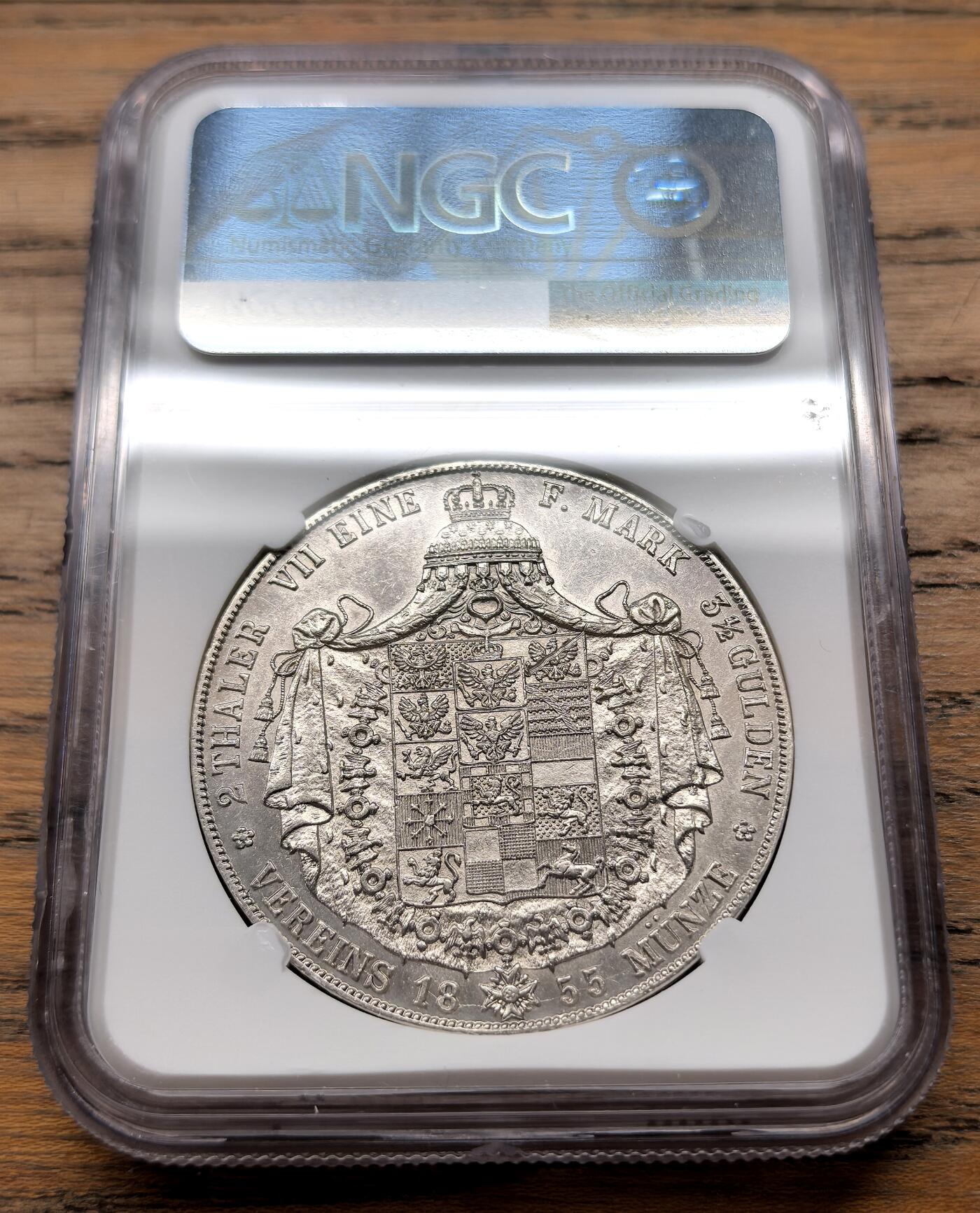 凡希社世界钱币微拍第三百十八期 1855德国普鲁士弗里德里希·威廉四世帝国2泰勒大银柏林版NGC-UNCD