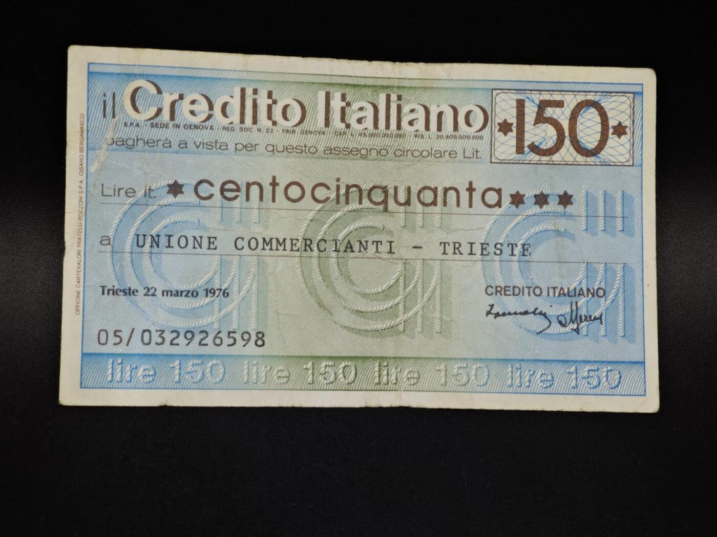 【淘币小摊】限时拍第八百四十五拍  纸币场  满百包邮可预留两周  周一统一发货  意大利1976年150里拉代币纸币【有折】