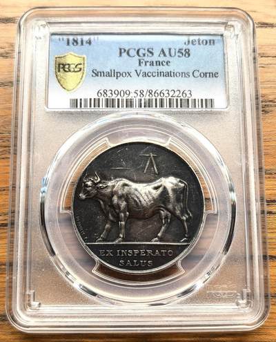 凡希社世界钱币微拍第三百十八期 - 1814法国巴黎天花疫苗接种银质代用币PCGS-AU58