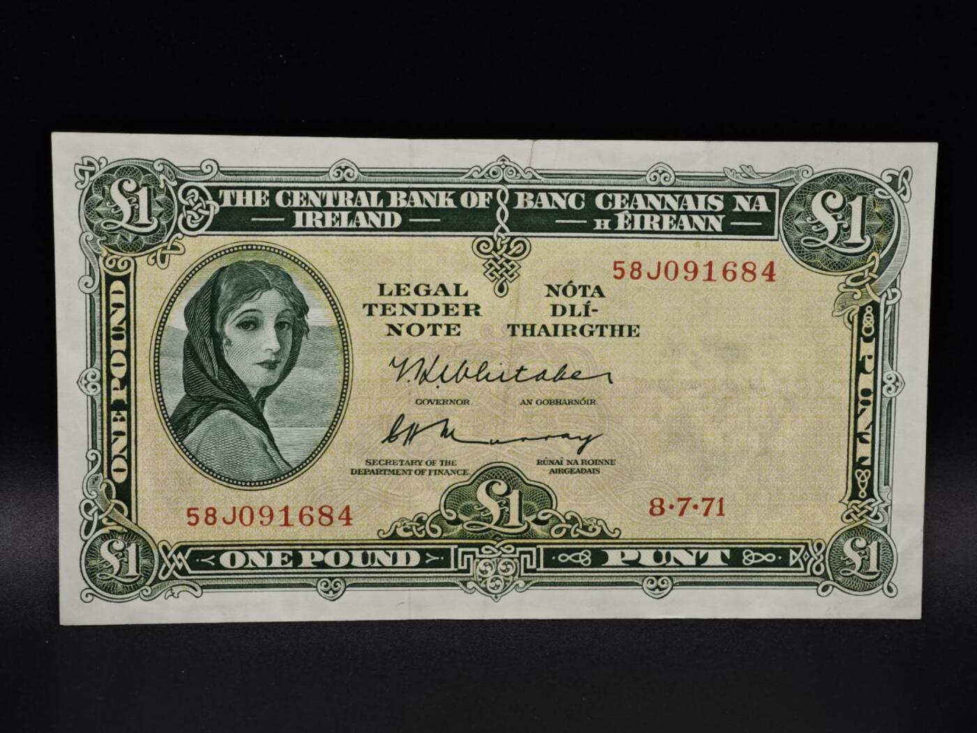 【淘币小摊】限时拍第八百四十五拍  纸币场  满百包邮可预留两周  周一统一发货  爱尔兰1971年1镑纸币【有折】