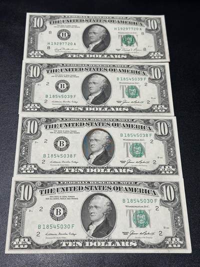 《外钞收藏家》第六百零一期（畅拍场）（本平台长期征集拍品、欢迎藏友们联系合作） - 美国小头版10美元 4张一起 UNC- 轻微黄和角不绝