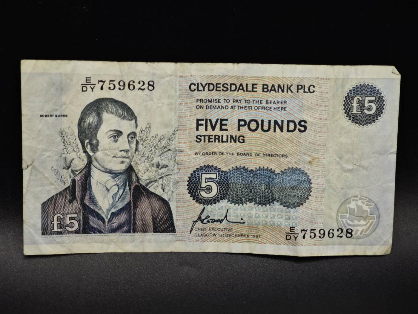 【淘币小摊】限时拍第八百四十五拍  纸币场  满百包邮可预留两周  周一统一发货  苏格兰1997年克莱玆戴尔5镑纸币【有折】