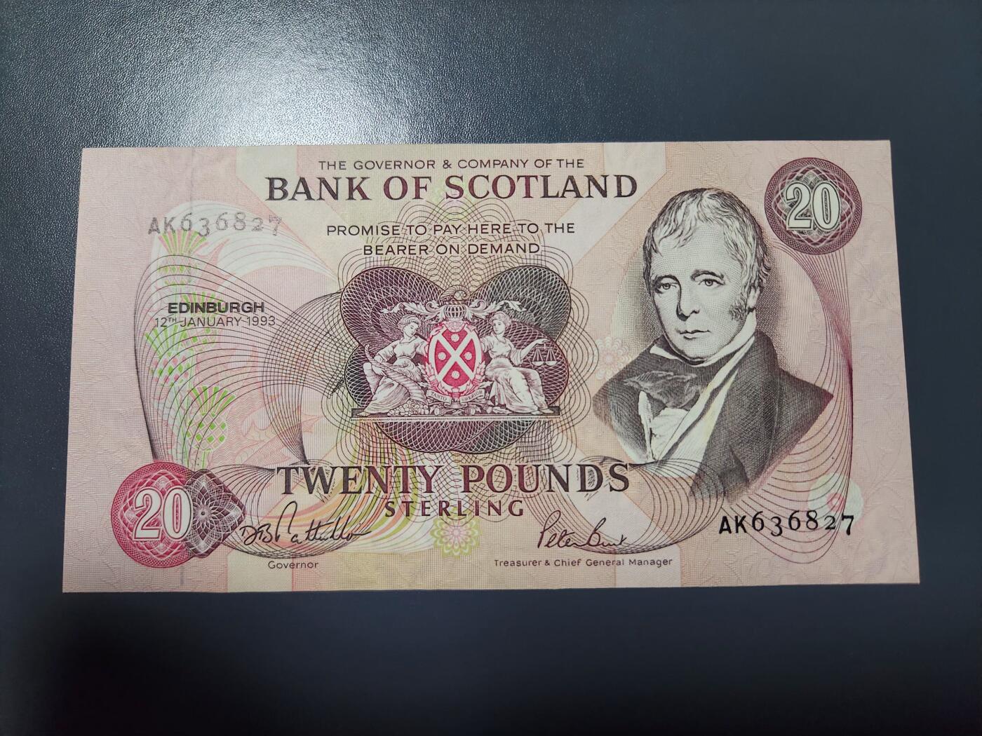 1月10号晚上8点 外国纸币自动截拍第82场 苏格兰银行20镑 1998年 斯格特爵士 全新UNC