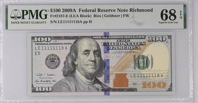 🎉🎉🎉《外钞收藏家》第六百期（年度庆典场）（本平台长期征集拍品、欢迎藏友们联系合作）❤️❤️❤️ - 2009年美国彩版100美元 PMG68 超级靓号，近全同号倒置号尾8，冠军分一部到位的分数适合收藏的号码