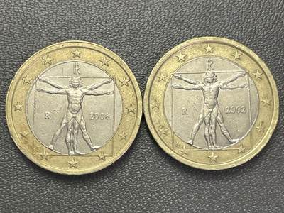 回流0110 - 意大利2002、2006年1欧元双金属币2枚 达·芬奇《维特鲁威人》