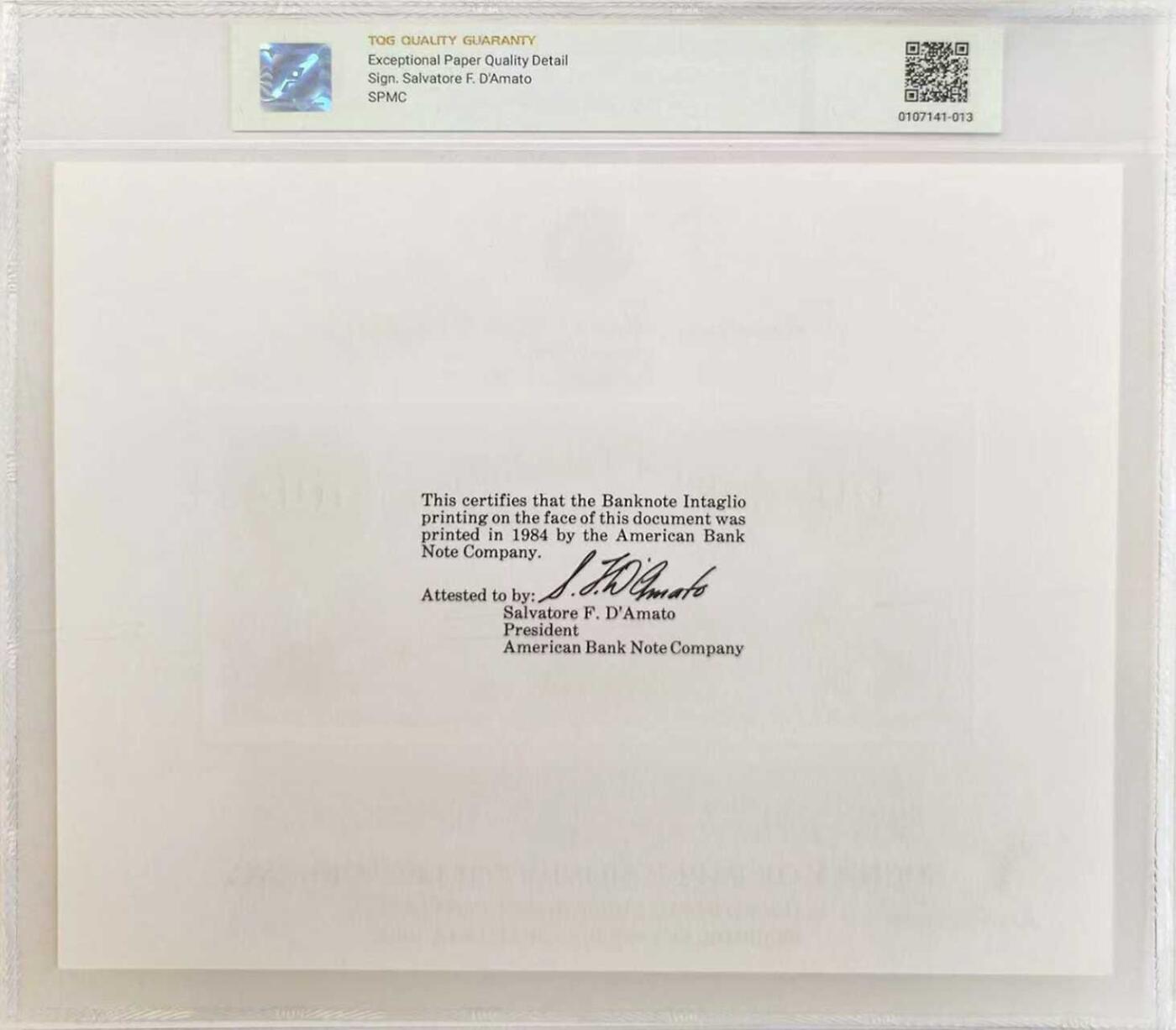 《外钞收藏家》第六百零一期（畅拍场）（本平台长期征集拍品、欢迎藏友们联系合作） 1984年 美国钞票公司(ABNC)印制 100美元雕刻版票样纪念卡 原版纸币1857年间由美国印第安纳州银行(The Bank of the State of Indiana)发行流通 该雕刻版票样纪念卡为百年原钞凹版母版印制(非普通平面印刷)并以极小规模限量发行 