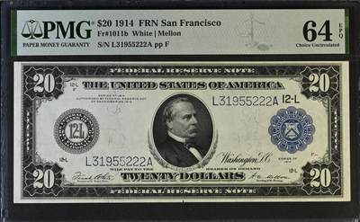 🎉🎉🎉《外钞收藏家》第六百期（年度庆典场）（本平台长期征集拍品、欢迎藏友们联系合作）❤️❤️❤️ - 1914年美国20美元 PMG64E 高分靓号无47冠军分少见旧金山版稀少豹子号222