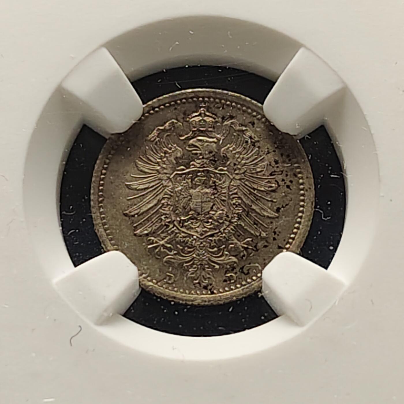 【全场包邮】纯粹捡漏拍493场 德国第二帝国1876年短翅鹰20芬尼银币-NGC MS63
