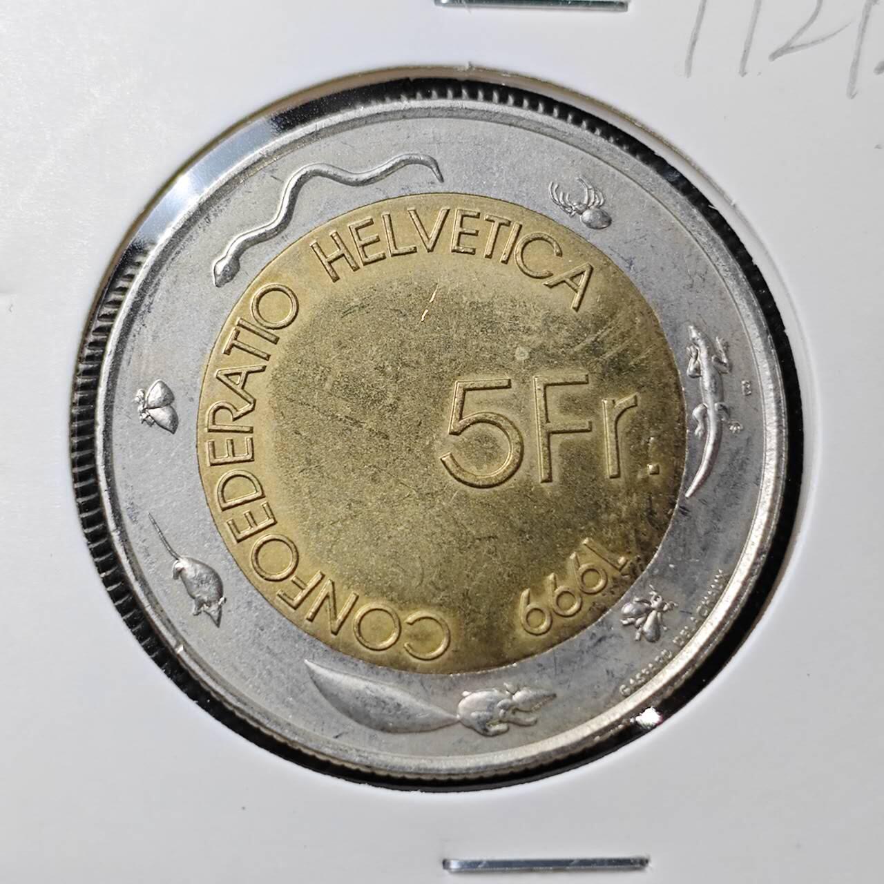 KK钱币收藏小铺  第399期  百期特拍（四拍之三）2月预留时间 周末发货   1999瑞士5法郎双色纪念币 