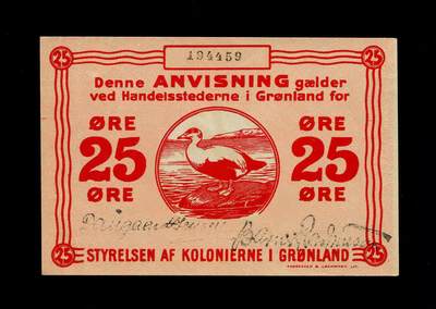 1月10号晚上8点 外国纸币自动截拍第82场 - 丹麦属地 格陵兰岛1913年25欧尔 全新