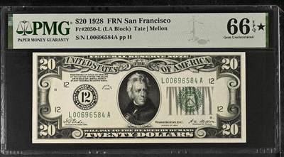 🎉🎉🎉《外钞收藏家》第六百期（年度庆典场）（本平台长期征集拍品、欢迎藏友们联系合作）❤️❤️❤️ - 1928年美国20美元 PMG66 稀少加星