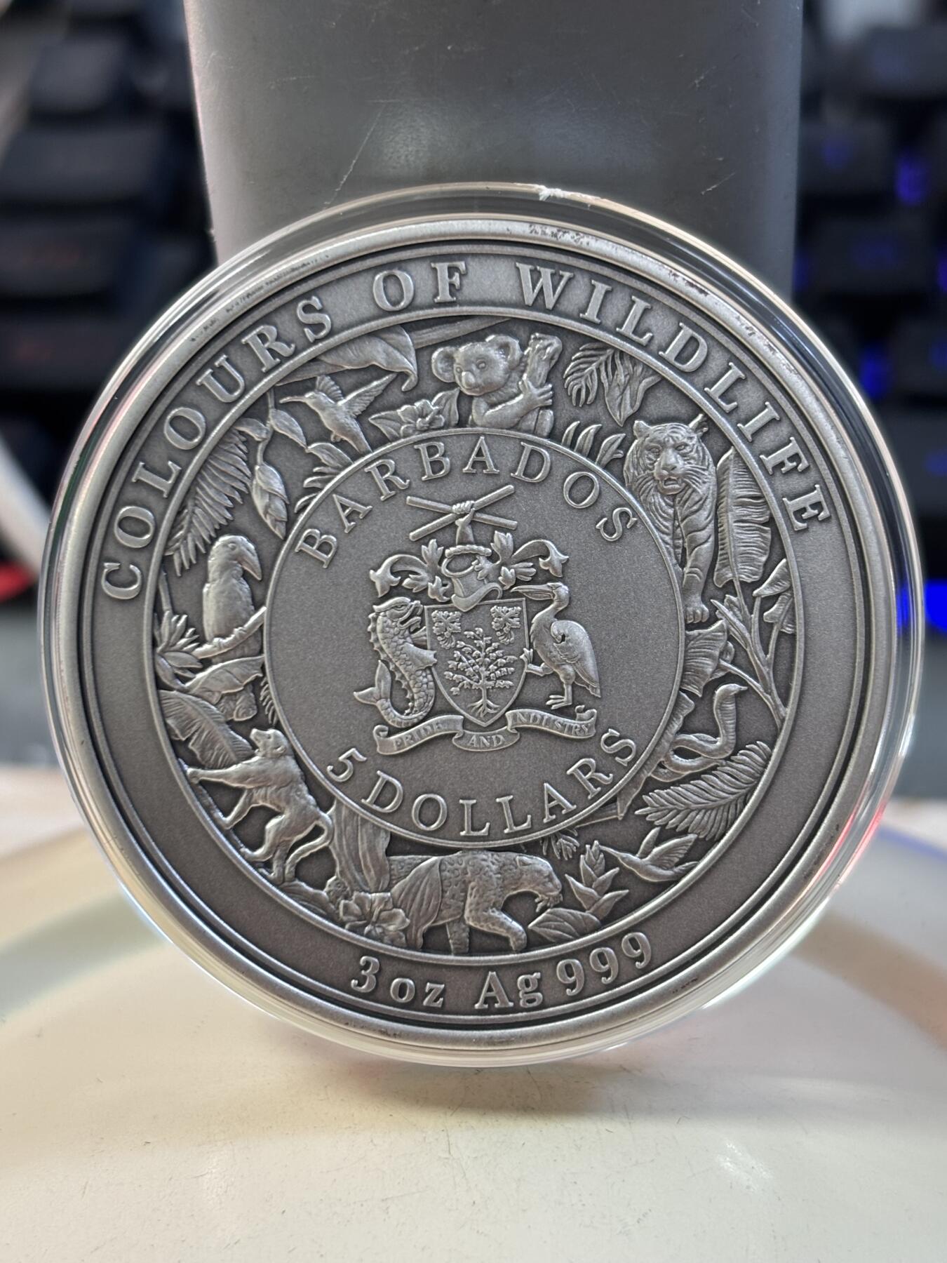 第187期拍卖 巴巴多斯2024年野生动物系列美洲豹3盎司彩银币，999银，发行999枚