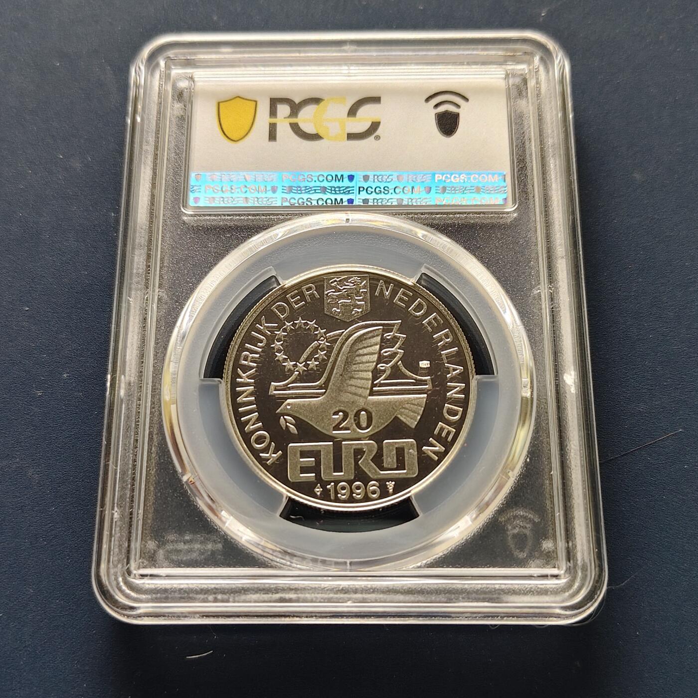 【全场包邮】纯粹捡漏拍493场 【收藏级·冠军分】荷兰1996年20欧诗人惠更斯诞生400周年精制纪念银币-PCGS PL68