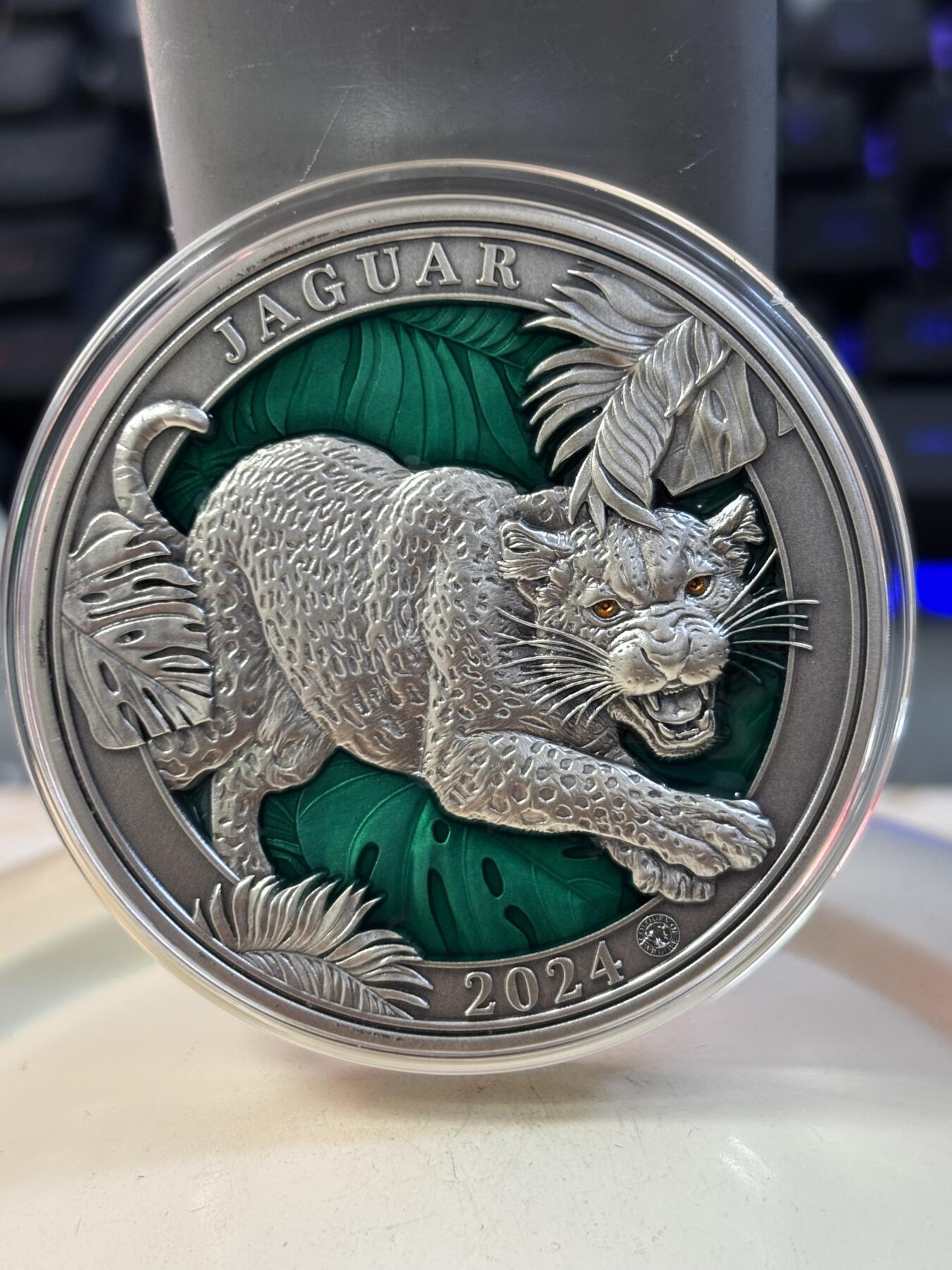 第187期拍卖 巴巴多斯2024年野生动物系列美洲豹3盎司彩银币，999银，发行999枚