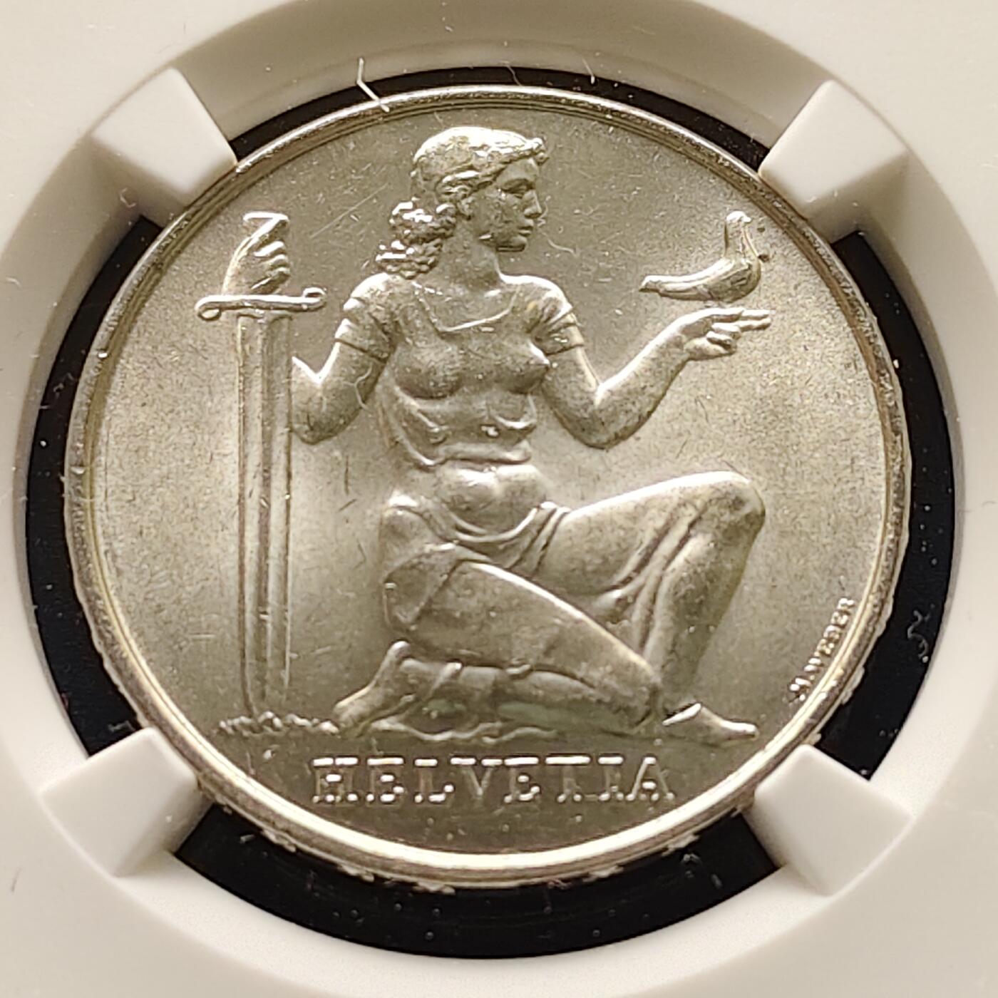 【全场包邮】纯粹捡漏拍493场 瑞士1936年5法郎战时公债纪念银币-NGC MS64