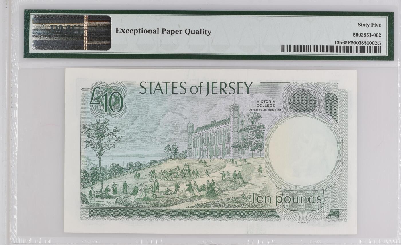 《艾美收藏》第229期-1.18周日外币荟萃 泽西1976-88年10镑次高值PMG65E倒置靓号 绝品品相 居中度稍差 女王钞精品 Pick#13b