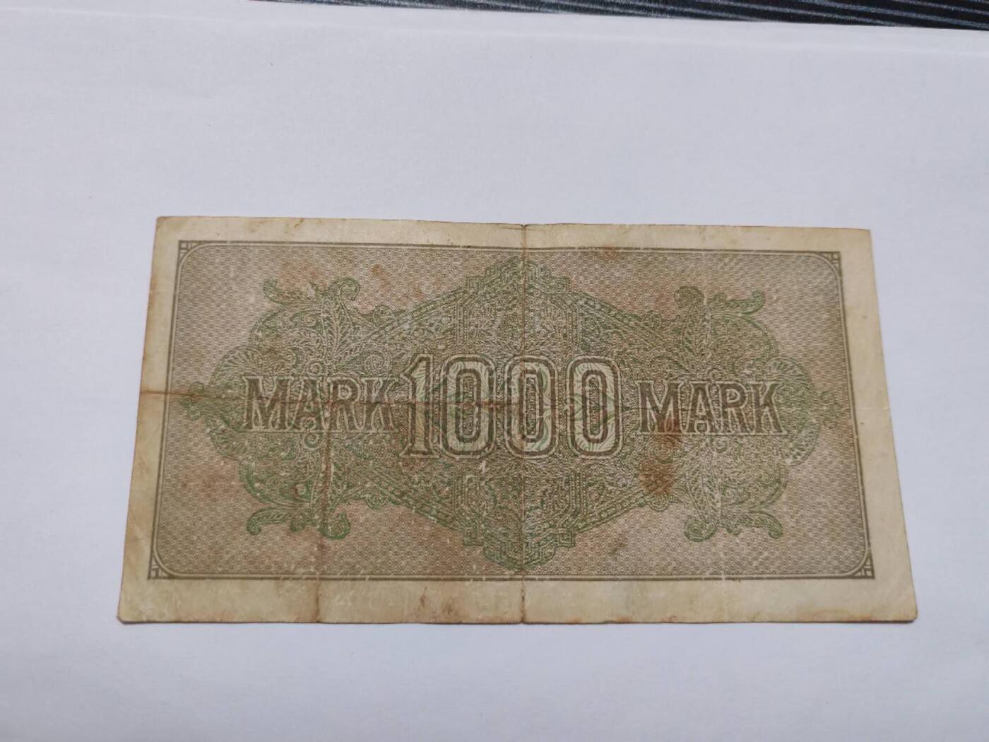 外国货币 魏玛共和国1922年9月15日发行的1000马克帝国银行券（Reichsbanknote），属于德国一战后恶性通货膨胀时期的货币