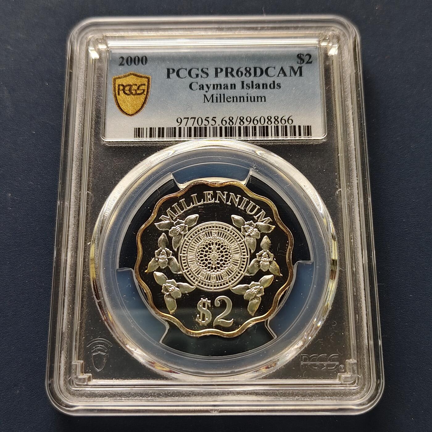 【全场包邮】纯粹捡漏拍493场 【收藏级·亚军分】开曼群岛2000年2元千禧年兰花花齿形精制纪念银币-PCGS PR68 DCAM（更高分仅2枚）