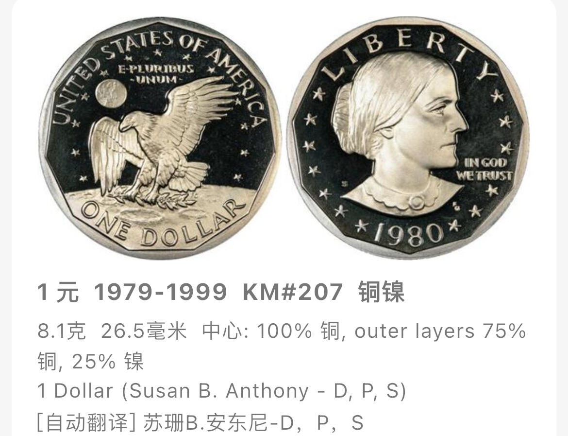 回流0110 美国1979年1美元 民权领袖苏珊·安东尼/月球鹰