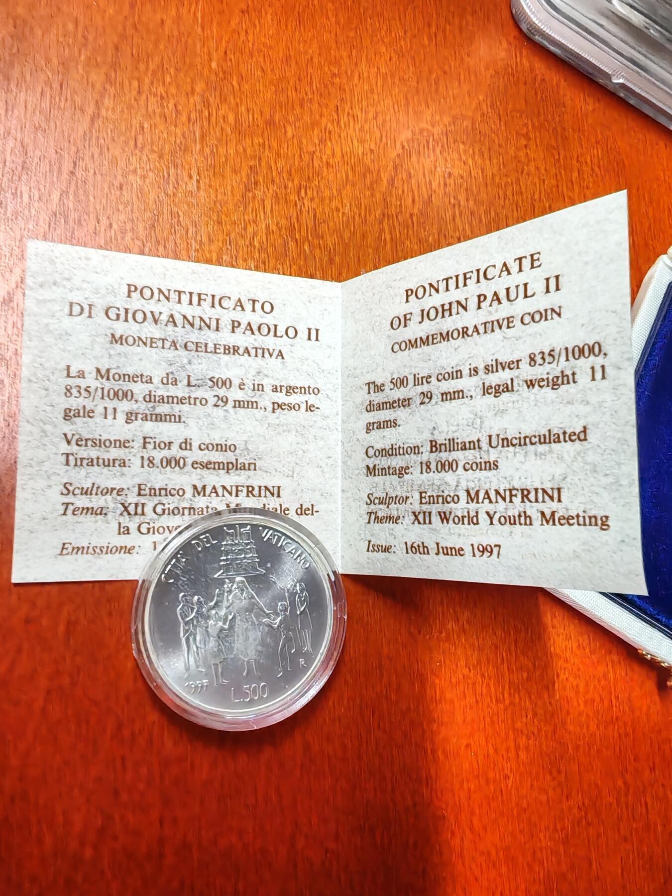 长老汇蛇年精选第九十三场拍卖 1997梵蒂冈教皇保罗二世世界青年大会500里拉精制银币，11克835银，盒证全，6000枚