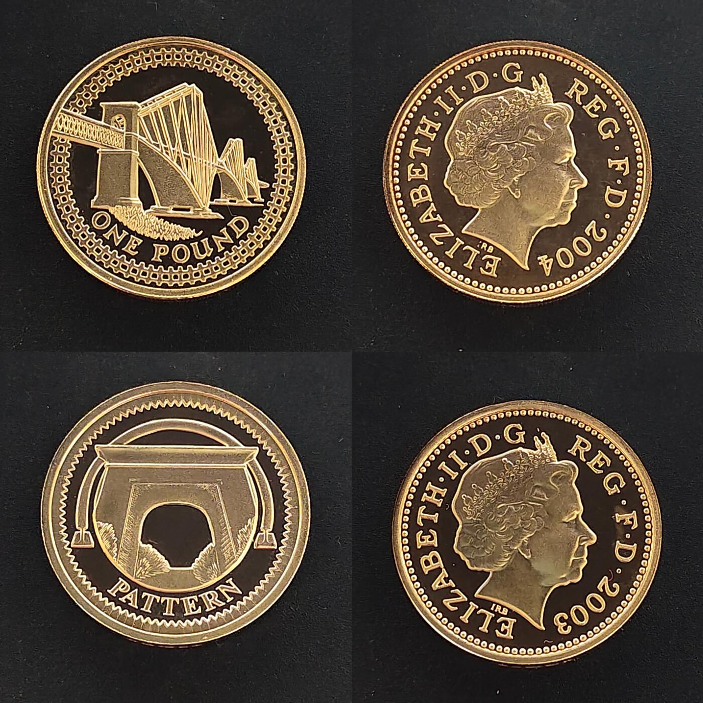 【全场包邮】纯粹捡漏拍493场 【样币·少见】英国2003-2004年1镑桥系列官方精制全银4枚套装（第四铁路桥为1镑精制银币，其余3枚为PATTERN样币）-盒证全【22.5毫米9.5克4枚，纯银价约633元（按18元银价折算）】