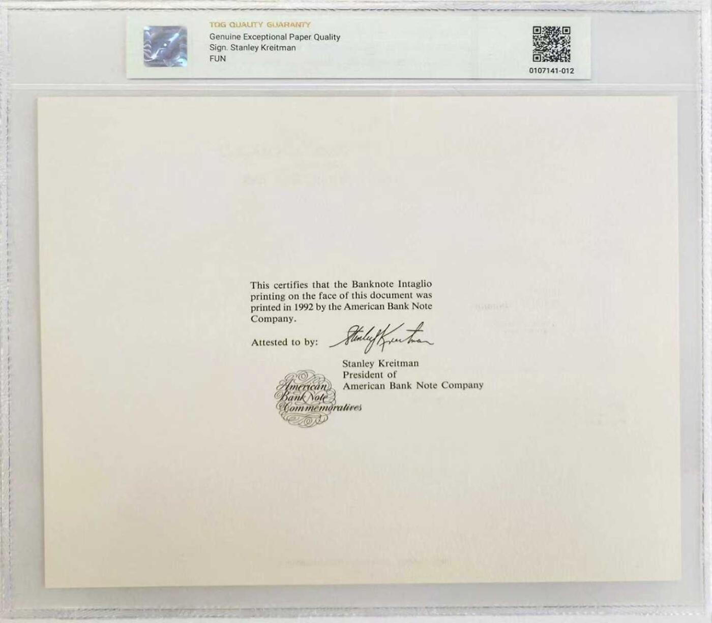 《外钞收藏家》第六百零一期（畅拍场）（本平台长期征集拍品、欢迎藏友们联系合作） 1992年 美国钞票公司(ABNC)印制 五十分雕刻版票样纪念卡 特别纪念哥伦布航行500周年 原版纸币1889年间由古巴哈瓦那西班牙银行(Banco Espanol de la Habana)发行流通