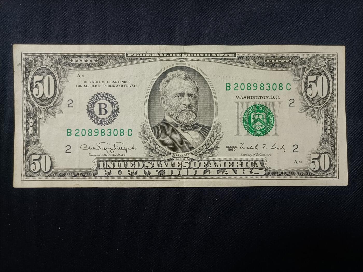 【游宝包邮场】蛇年第106期 纸钞硬币卡牌综合场[二] 美国-50美元 1990年 B2纽约版 VF