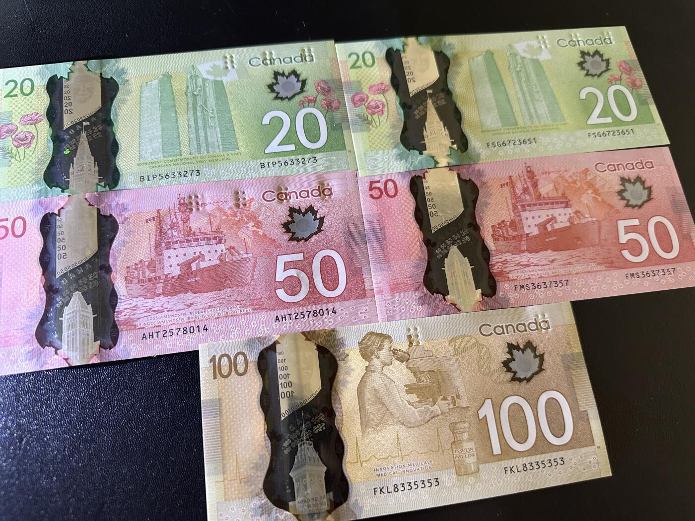 《外钞收藏家》第六百零一期（畅拍场）（本平台长期征集拍品、欢迎藏友们联系合作） 加拿大最新版塑料钞20-100加元 五张一起 全新UNC 全部是首签