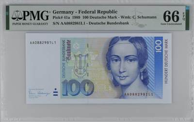 🎉🎉🎉《外钞收藏家》第六百期（年度庆典场）（本平台长期征集拍品、欢迎藏友们联系合作）❤️❤️❤️ - 1989年德国末版100马克 PMG66 AA冠 朦胧号