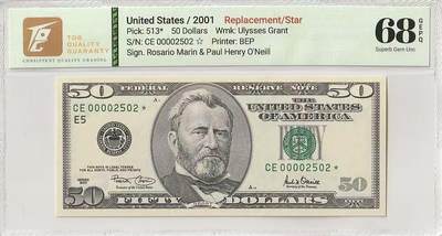 🎉🎉🎉《外钞收藏家》第六百期（年度庆典场）（本平台长期征集拍品、欢迎藏友们联系合作）❤️❤️❤️ - 2001年美国50美元 无47，无347，超高分 千位号 补号 TQG68