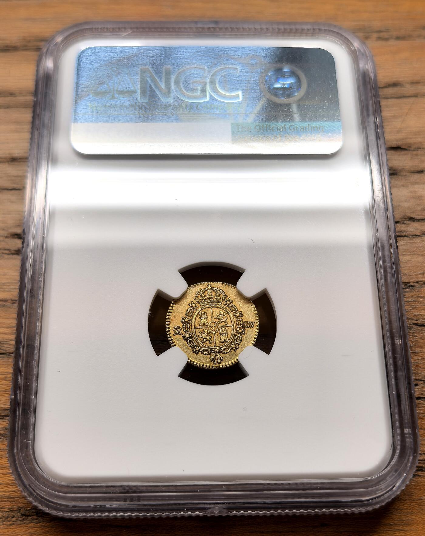 凡希社世界钱币微拍第三百十八期 1786M西班牙本土卡洛斯三世1/2escudo金币NGC-AU55