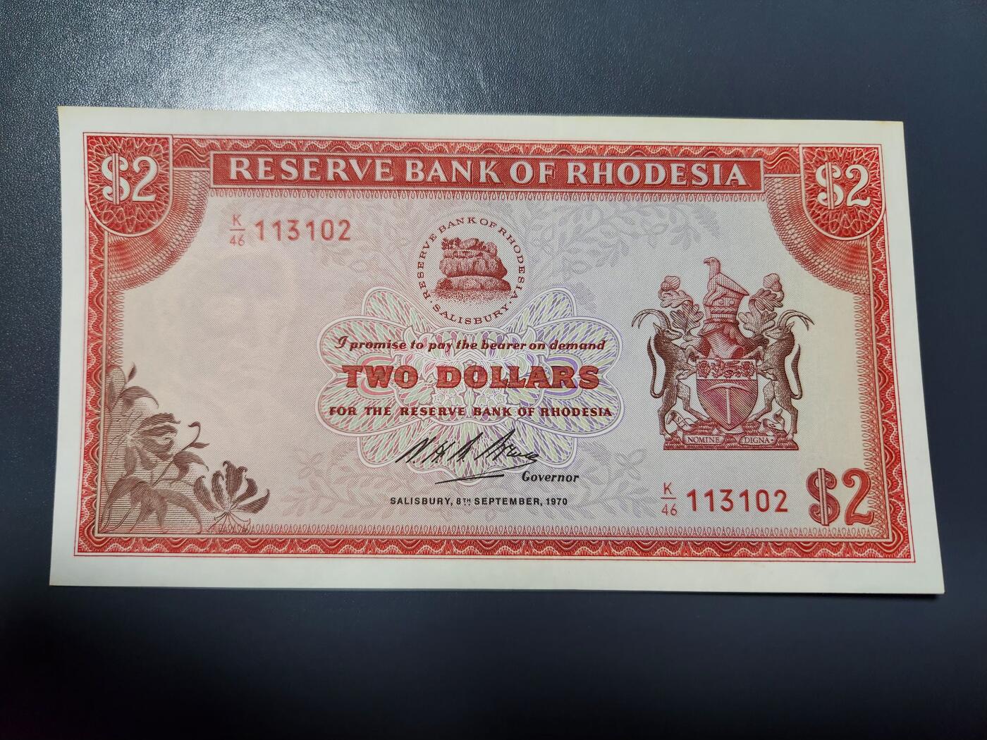 1月10号晚上8点 外国纸币自动截拍第82场 罗得西亚1970-年2元 莫西奥图尼亚瀑布 首版 全新
