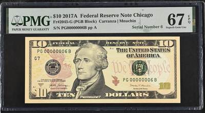 🎉🎉🎉《外钞收藏家》第六百期（年度庆典场）（本平台长期征集拍品、欢迎藏友们联系合作）❤️❤️❤️ - 2017年美国彩版10美元 PMG67 非常少见的个位数极小号极难得，高分亚军分