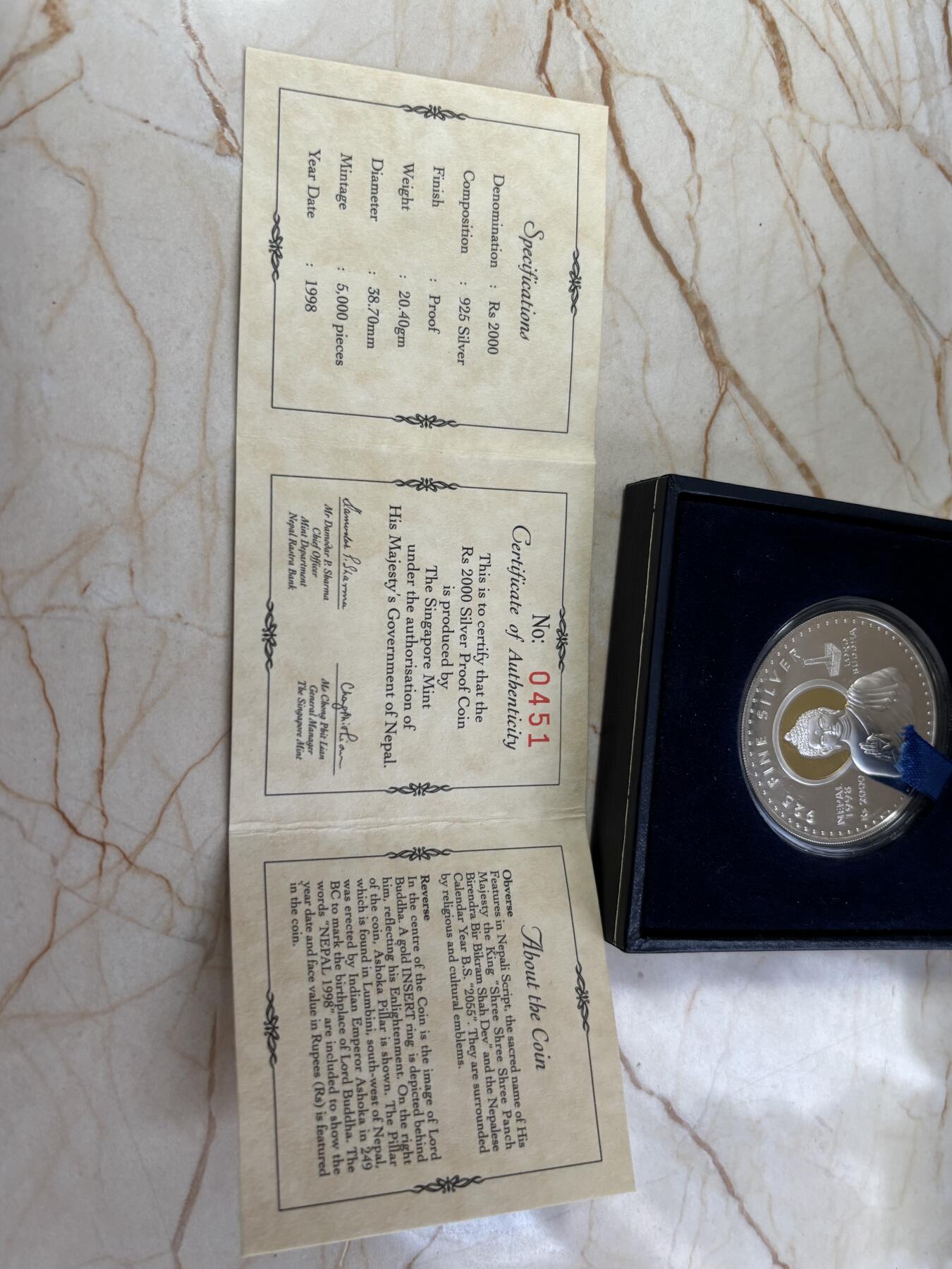 第187期拍卖 尼泊尔1998年佛祖精制镀金纪念银币，925银镀金，20.4克，发行5000枚