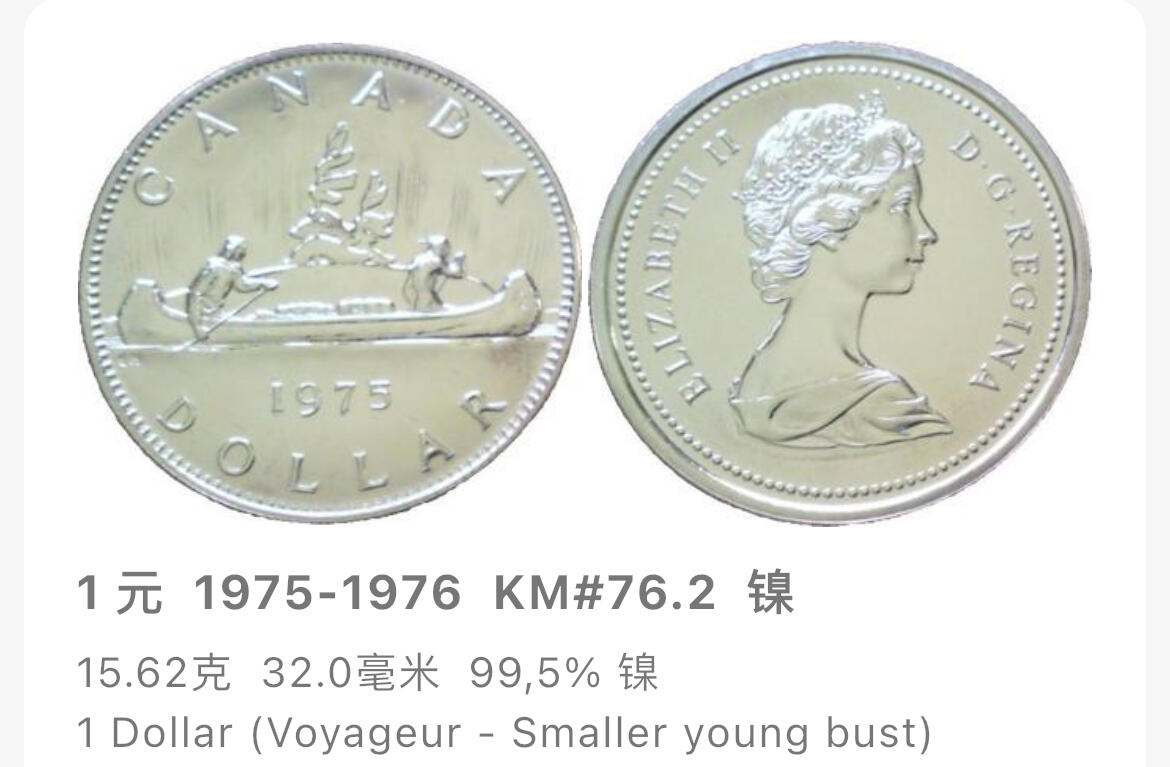 回流0110 加拿大1975年1加元精制镍币 独木舟、北极光