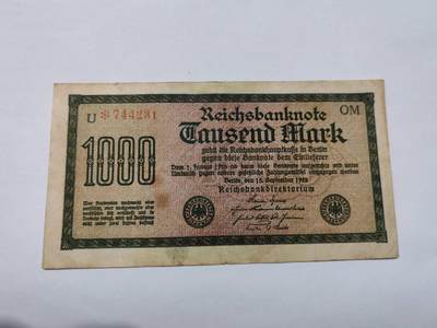 外国货币 - 魏玛共和国1922年9月15日发行的1000马克帝国银行券（Reichsbanknote），属于德国一战后恶性通货膨胀时期的货币