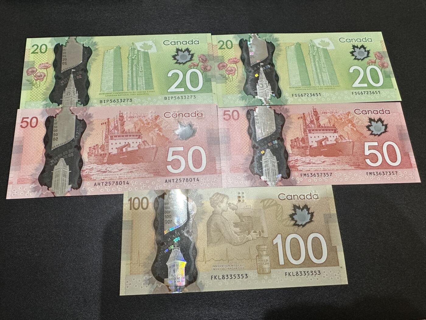 《外钞收藏家》第六百零一期（畅拍场）（本平台长期征集拍品、欢迎藏友们联系合作） 加拿大最新版塑料钞20-100加元 五张一起 全新UNC 全部是首签