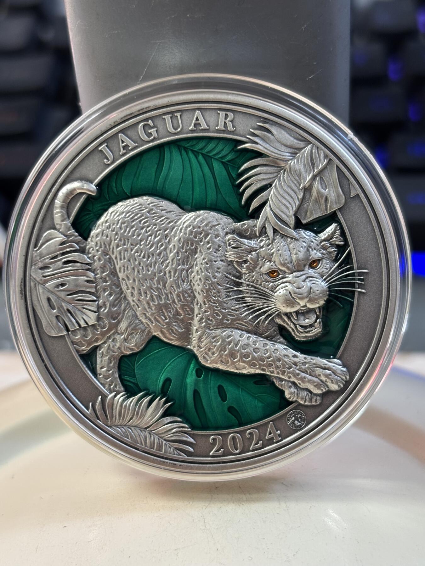 第187期拍卖 巴巴多斯2024年野生动物系列美洲豹3盎司彩银币，999银，发行999枚