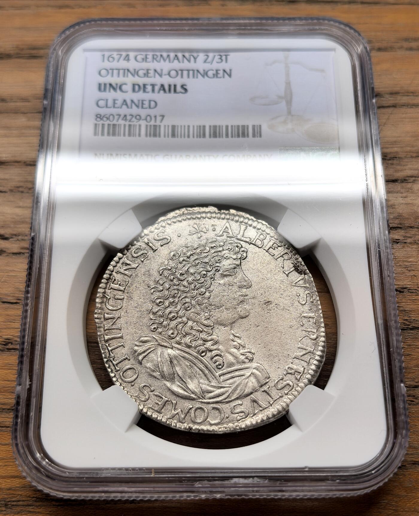 凡希社世界钱币微拍第三百十八期 1674德国奥廷根伯国恩斯特一世2/3泰勒NGC-UNCD，神罗时期邦国小众精品。