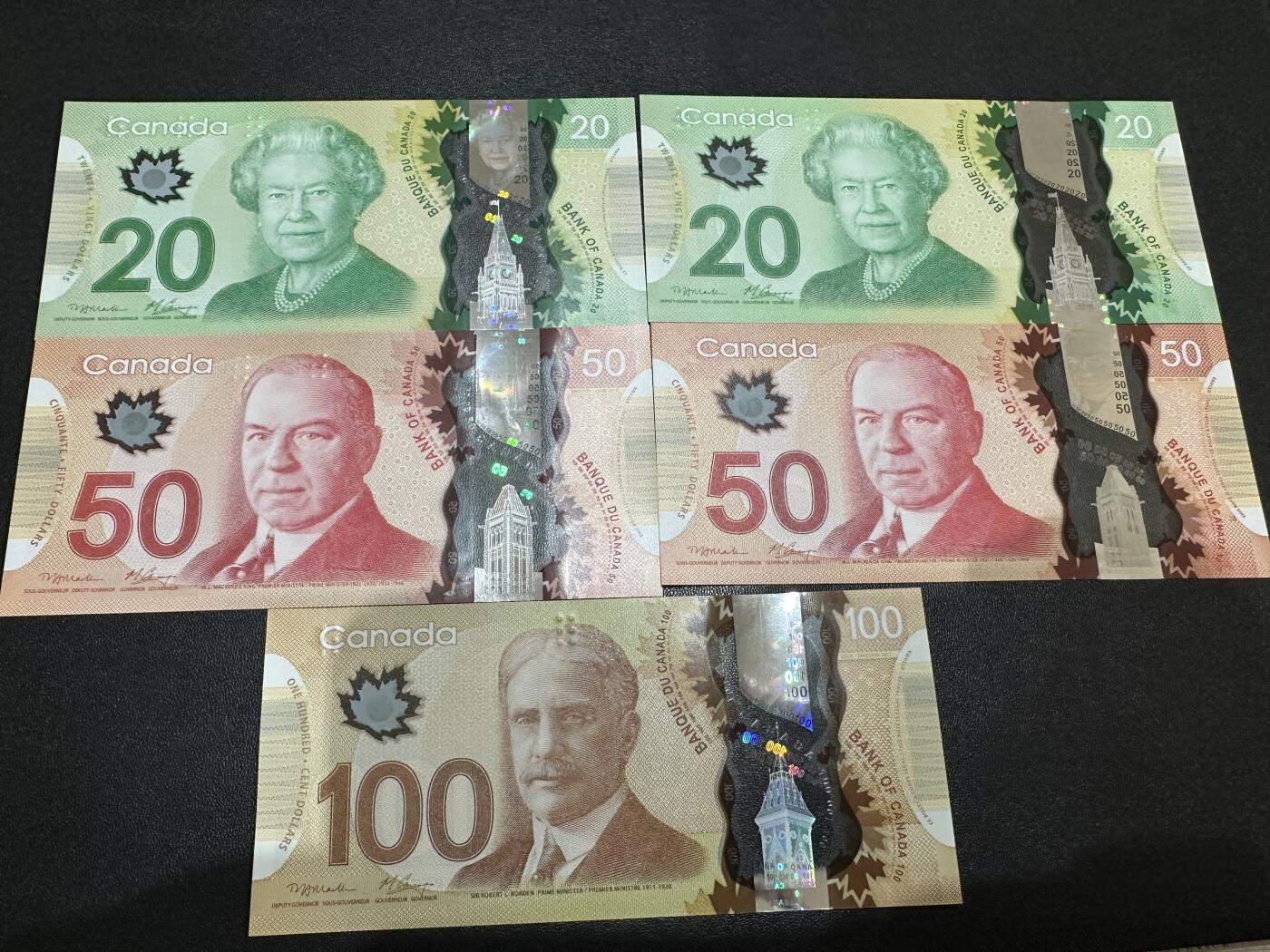 《外钞收藏家》第六百零一期（畅拍场）（本平台长期征集拍品、欢迎藏友们联系合作） 加拿大最新版塑料钞20-100加元 五张一起 全新UNC 全部是首签