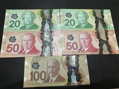 《外钞收藏家》第六百零一期（畅拍场）（本平台长期征集拍品、欢迎藏友们联系合作） - 加拿大最新版塑料钞20-100加元 五张一起 全新UNC 全部是首签