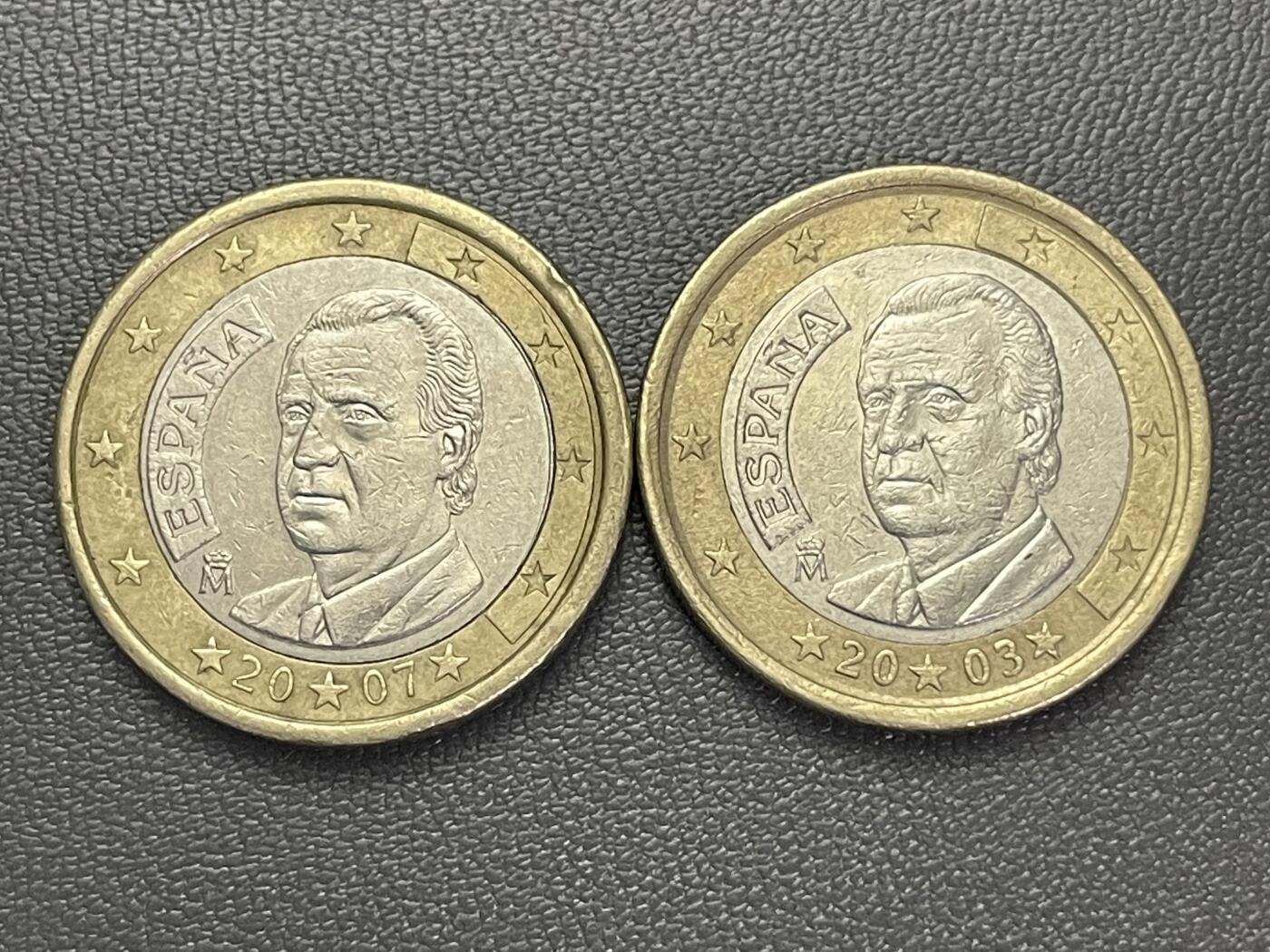回流0110 西班牙2003、2007年1欧元双金属币两枚 国王胡安·卡洛斯一世